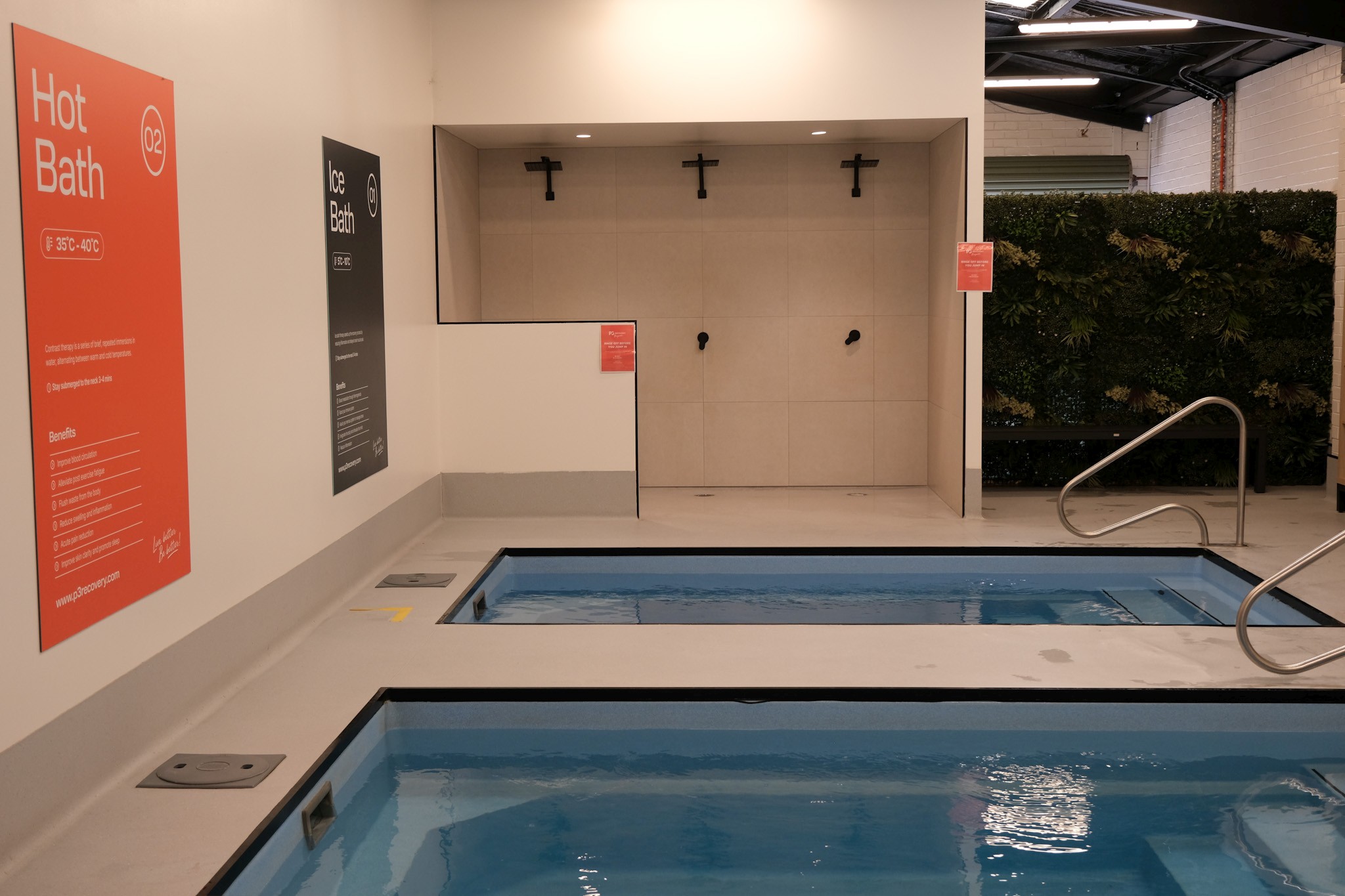 Hot bath and ice bath contrast zone at a commercial wellness centre